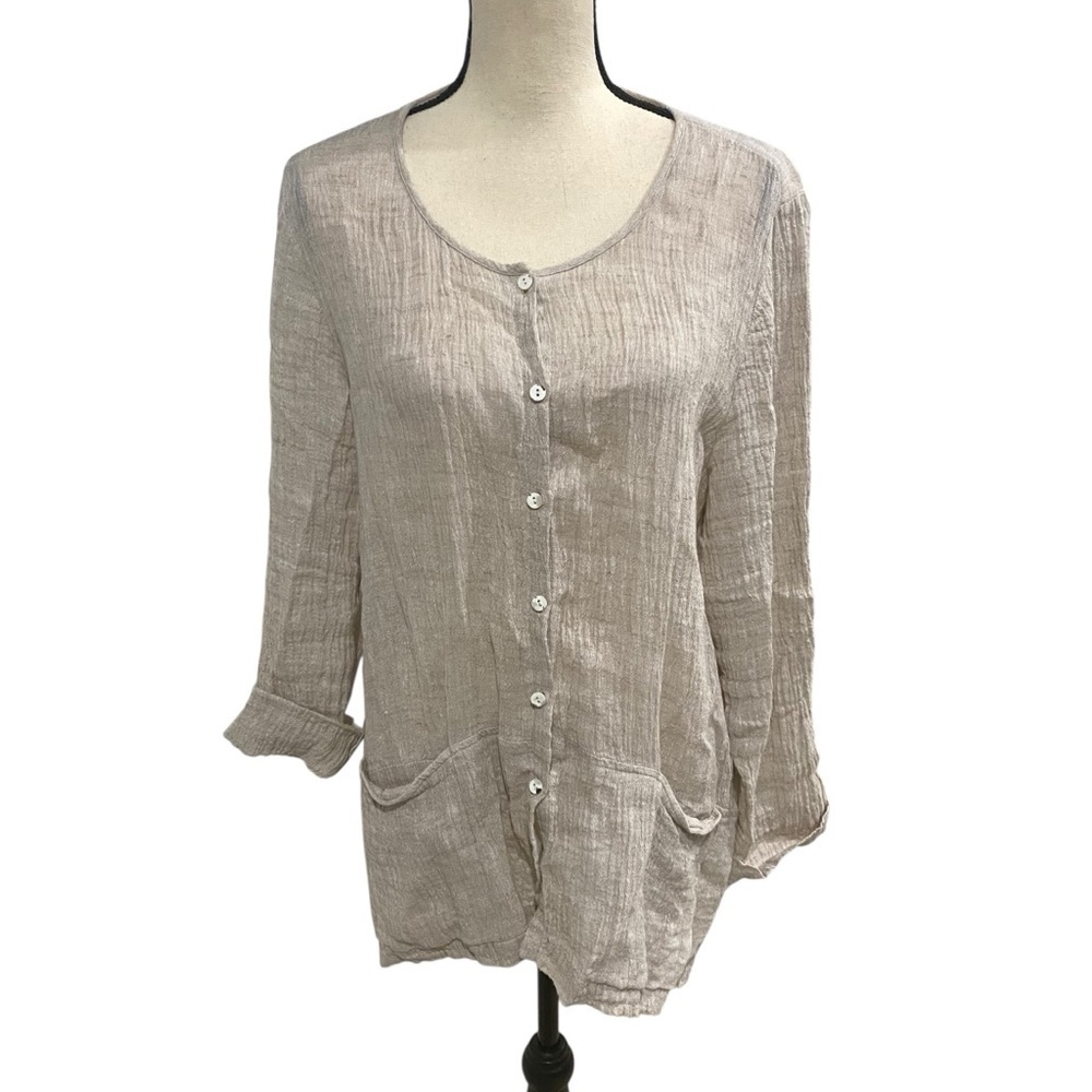 Pure Jill J. Jill 100% Linen Khaki Top Size Large Roll Sleeves